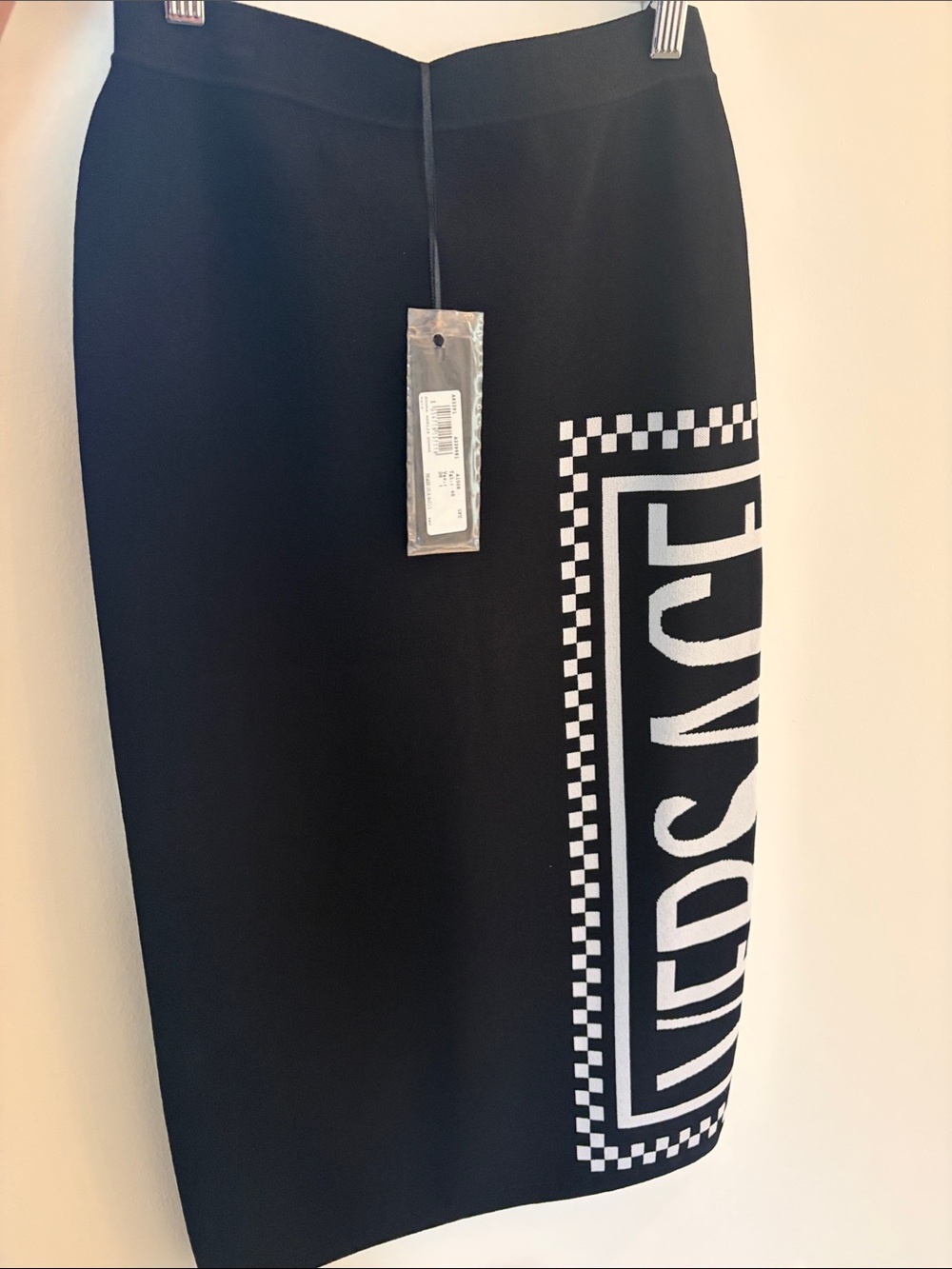 Versace Black and White Logo-Panel Pencil Skirt - Women's